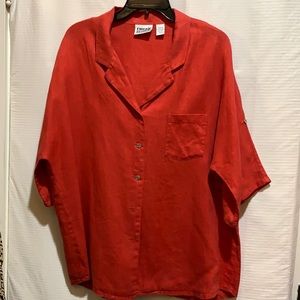 CHICOS RED 100%LINEN ROLL TAB SLEEVES SZ 3 vanity